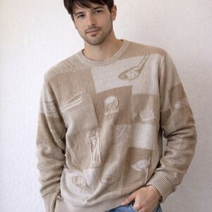 Cypress Links Sweater L Beige Cotton Knit Hong Kong Abstract Golf Patchwork Knit